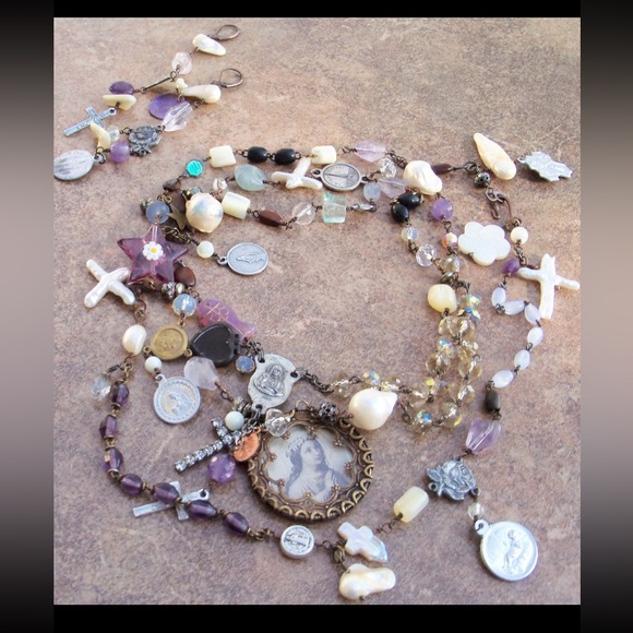 One of a Kind Hand Made Necklace & Earrings made from antique rosaries. - Picture 5 of 5